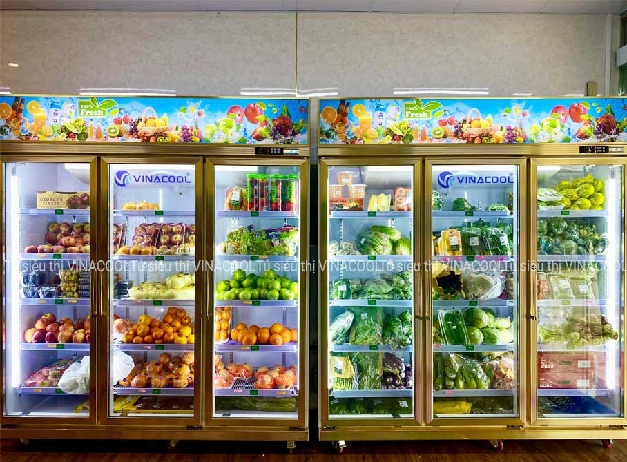 tủ mát bảo quản trái cây 3 cánh kính viền vàng