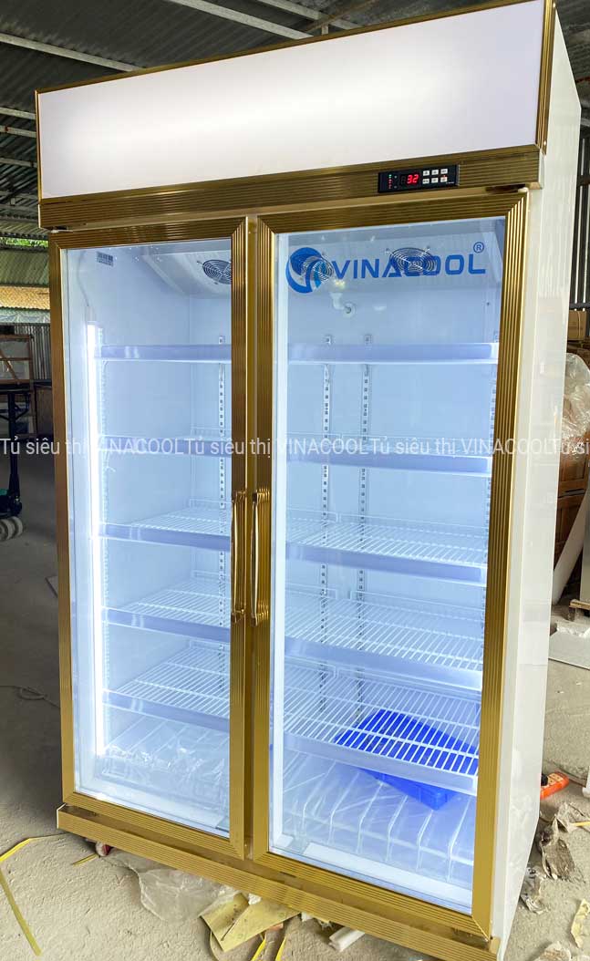 tủ siêu thị 2 cánh kính vàng